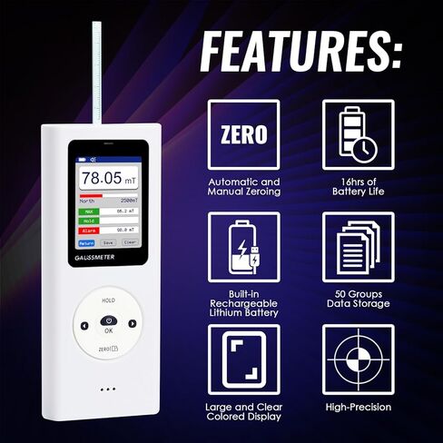 Digital Gauss Meter Tesla Meter, Professional Magnetic Field Tester with 0-25000 Gs (0-2500 mT) Range, HD Color Display Rechargeable N/S Pole Detection Data Storage for Magnets Motors & Industrial Use in Saudi Arabia