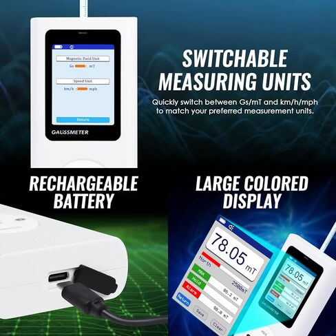 Digital Gauss Meter Tesla Meter, Professional Magnetic Field Tester with 0-25000 Gs (0-2500 mT) Range, HD Color Display Rechargeable N/S Pole Detection Data Storage for Magnets Motors & Industrial Use in Saudi Arabia