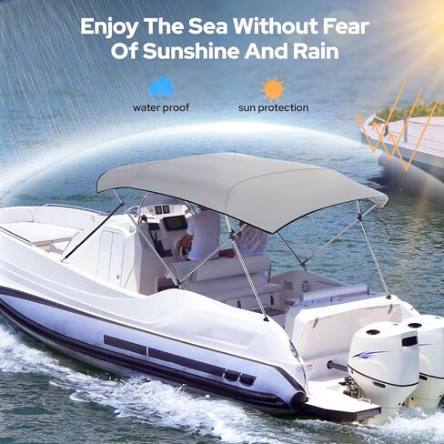 KAKIT Bimini Top للقوارب، مظلة قارب أكسفورد شديدة التحمل 7 طبقات 1200D مع أعمدة دعم وحذاء تخزين (3 أقواس 6'L × 46 بوصة ارتفاع × 61 بوصة - 66 بوصة عرض، رمادي) in Kuwait