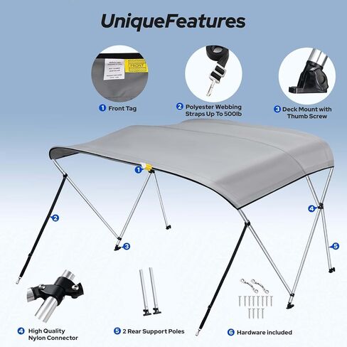 KAKIT Bimini Top للقوارب، مظلة قارب أكسفورد شديدة التحمل 7 طبقات 1200D مع أعمدة دعم وحذاء تخزين (3 أقواس 6'L × 46 بوصة ارتفاع × 61 بوصة - 66 بوصة عرض، رمادي) in Kuwait