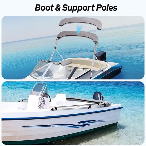 KAKIT Bimini Top للقوارب، مظلة قارب أكسفورد شديدة التحمل 7 طبقات 1200D مع أعمدة دعم وحذاء تخزين (3 أقواس 6'L × 46 بوصة ارتفاع × 61 بوصة - 66 بوصة عرض، رمادي) in Kuwait