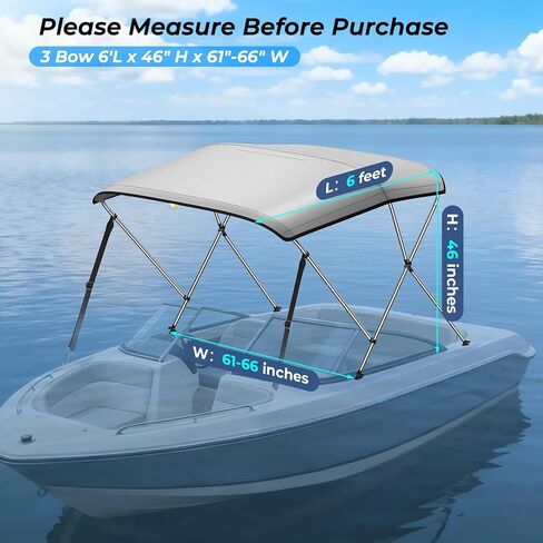 KAKIT Bimini Top للقوارب، مظلة قارب أكسفورد شديدة التحمل 7 طبقات 1200D مع أعمدة دعم وحذاء تخزين (3 أقواس 6'L × 46 بوصة ارتفاع × 61 بوصة - 66 بوصة عرض، رمادي) in Kuwait
