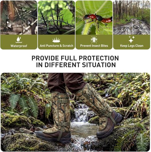 LOOGU Snake Gaiters, Waterproof Oxford Leg Guards with 12 Individual PE Boards, Curved Upper, Reinforced Instep Strap, Adjustable Double Buckles, Camo for Hunting Hiking Trekking in Saudi Arabia
