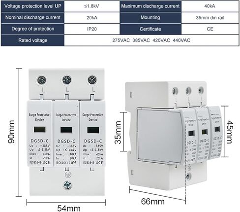 AC 3P House Surge Protector 10-20KA 20-40KA 30-60KA 385V 2P+N جهاز حماية الطاقة الشمسية الكهروضوئية ذو الجهد المنخفض (20-40KA) in Kuwait