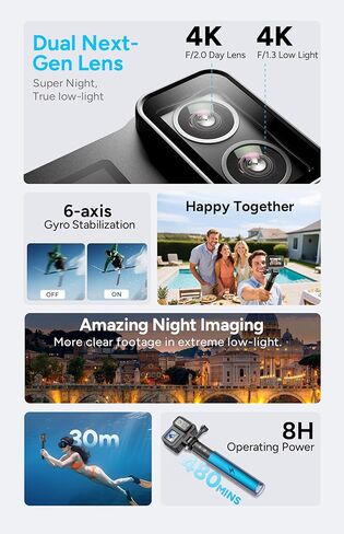 SJCAM SJ20 Action Camera 4K, 1850+ 4800mAh Selfie Stick, F2.0/F1.3 Dual Lens, 154° FOV, Low Light HDR, Stabilization, 8X Zoom, for Vlogging, Sports, Travel, Fishing, Motorcycling, Mountaineering in Kuwait