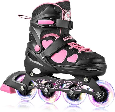 SULIFEEL Love Hearts 4 Size Adjustable Kids Inline Skates for Girls with Fluffy Pom Light Up Wheels Ages 3-12 Girls Birthday Gift for Indoor Outdoor Sports in Kuwait