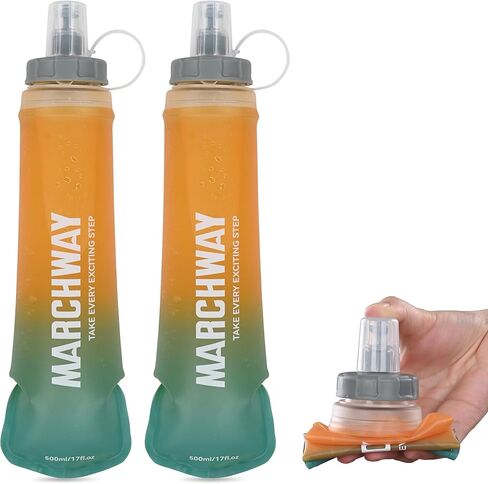 MARCHWAY Soft Hydration Flask with Wide Mouth, 300ml/500ml Collapsible TPU Water Bottle, Leakproof Portable Flexible for Running, Hiking, Cycling, Climbing, Gym, Travel (2pcs Orange-Green 500ml) in Kuwait
