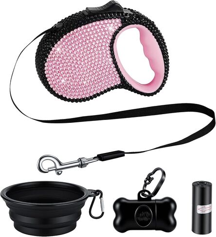 eing Bling Crystal Retractable Dog Leash Lightweight 10FT Leash, with Folding Bowl,Dispenser,Waste Bags, for Small Medium Dogs, Black+Pink in Saudi Arabia