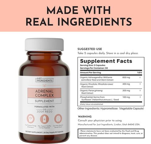 JUST INGREDIENTS Adrenal Support Complex with Ashwagandha, Rhodiola, and Panax Ginseng - Capsules in Kuwait