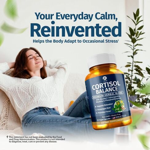 مكمل توازن الكورتيزول - دعم الكورتيزول الطبيعي للنساء والرجال مع أشواغاندا والفوسفاتيديل سيرين - تخفيف التوتر، ودعم المزاج والهدوء - تركيبة نباتية in Kuwait