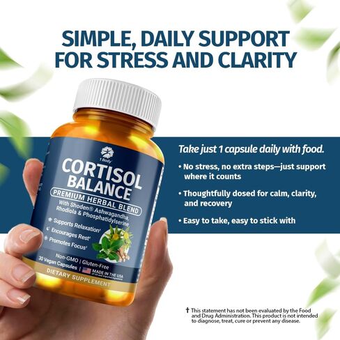 مكمل توازن الكورتيزول - دعم الكورتيزول الطبيعي للنساء والرجال مع أشواغاندا والفوسفاتيديل سيرين - تخفيف التوتر، ودعم المزاج والهدوء - تركيبة نباتية in Kuwait