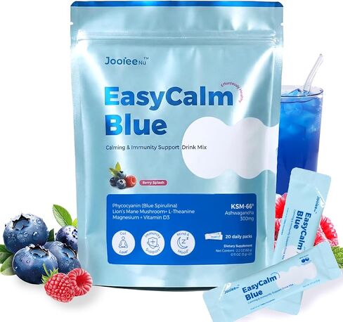 Easy Calm Blue - Calming Drink Mix with Magnesium KSM-66 Ashwagandha & Blue Spirulinac L-theanine Lion's Mane Mushroom GABA Vitamin D3 Supports Cortisol Balance Mood Sleep in Saudi Arabia