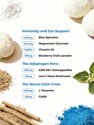 Easy Calm Blue - Calming Drink Mix with Magnesium KSM-66 Ashwagandha & Blue Spirulinac L-theanine Lion's Mane Mushroom GABA Vitamin D3 Supports Cortisol Balance Mood Sleep in Saudi Arabia