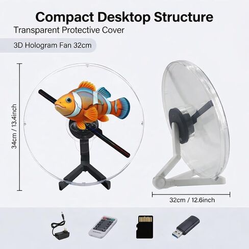 12.6 Inch 3D Hologram Fan with Protective Cover and Desktop Stand, WiFi App Controlled Holographic Display with Remote for Store Counter, Reception Desk, Booth and Indoor Display in Saudi Arabia
