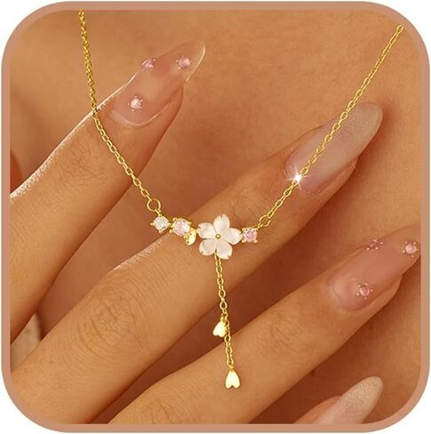 14K Gold Plated Cherry Blossom Necklace for Women Daughter Cute Birth Month Enamel Flower Pendant Necklace Pink Floral Artificial Stone Pearl Chain Jewelry Birthday Gifts for Mom in Kuwait