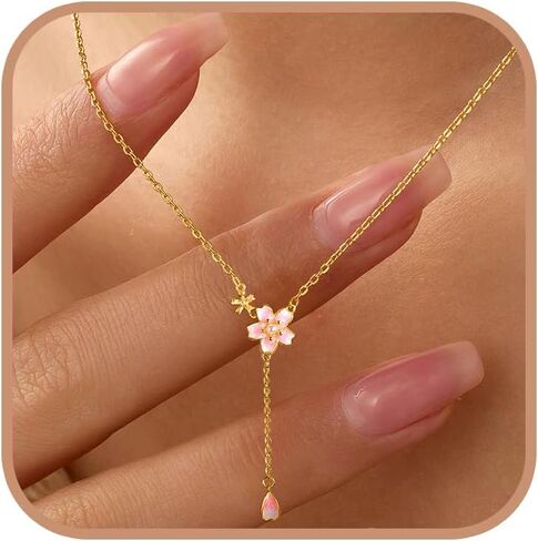 14K Gold Plated Cherry Blossom Necklace for Women Daughter Cute Birth Month Enamel Flower Pendant Necklace Pink Floral Artificial Stone Pearl Chain Jewelry Birthday Gifts for Mom in Kuwait