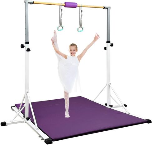 86 قضيب جمباز يورك للأطفال من عمر 3 إلى 20 عامًا، طول قاعدة 5 أقدام، ارتفاع قابل للتعديل من 42 بوصة إلى 63 بوصة، شريط أفقي، شريط كيب للاعبي الجمباز، معدات تدريب الجمباز للمنزل، مركز الصالة الرياضية (بار وحصيرة، أبيض) in Kuwait