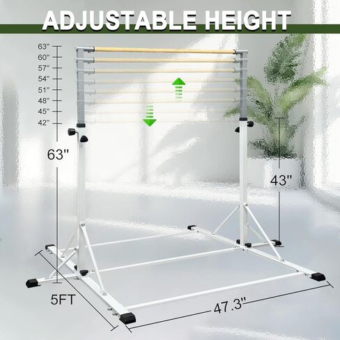 86 قضيب جمباز يورك للأطفال من عمر 3 إلى 20 عامًا، طول قاعدة 5 أقدام، ارتفاع قابل للتعديل من 42 بوصة إلى 63 بوصة، شريط أفقي، شريط كيب للاعبي الجمباز، معدات تدريب الجمباز للمنزل، مركز الصالة الرياضية (بار وحصيرة، أبيض) in Kuwait