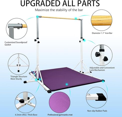 86 قضيب جمباز يورك للأطفال من عمر 3 إلى 20 عامًا، طول قاعدة 5 أقدام، ارتفاع قابل للتعديل من 42 بوصة إلى 63 بوصة، شريط أفقي، شريط كيب للاعبي الجمباز، معدات تدريب الجمباز للمنزل، مركز الصالة الرياضية (بار وحصيرة، أبيض) in Kuwait
