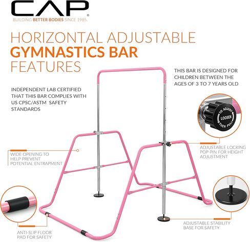 Cap Horizontal Adjustable Gymnastics Bar for Kids – Foldable Gymnastics Equipment, Adjustable Height, Indoor Gym Training Bar - Pink in Saudi Arabia
