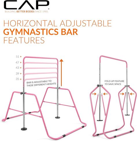 Cap Horizontal Adjustable Gymnastics Bar for Kids – Foldable Gymnastics Equipment, Adjustable Height, Indoor Gym Training Bar - Pink in Saudi Arabia