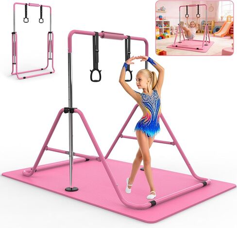 KINMAC Gymnastics Bar for Kids, Gymnastics Horizontal Bar with Adjustable Height Foldable Training Bar with Mat for Home Practice in Saudi Arabia