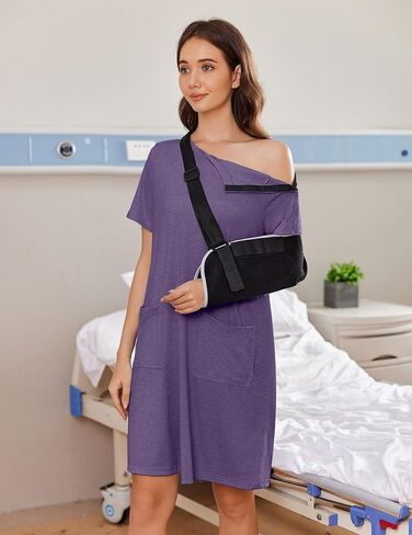 Deyeek Women's Post Shoulder Surgery dress Tear Away Short Sleeve Full Open Side Snap Adaptive Clothing with Pockets Bright Purple in Saudi Arabia