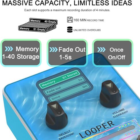 دواسة جيتار Yuer Looper 40 فتحة و160 دقيقة وقت تكرار غير محدود، تسجيل، تراجع/إعادة، إيقاف ومسح للجيتار الكهربائي/الجهير/دواسة حلقة الجيتار الصوتية in Kuwait