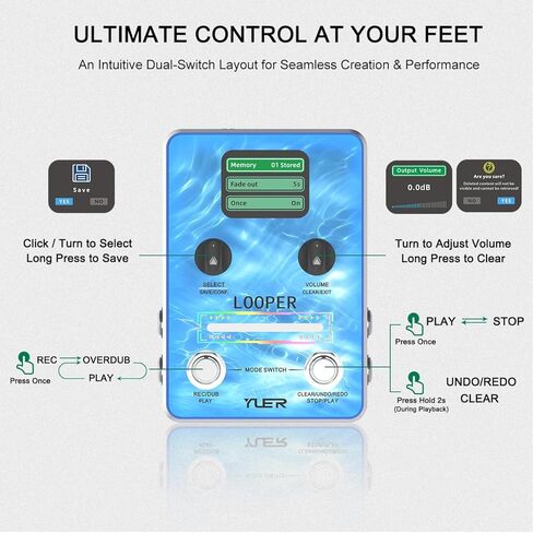 دواسة جيتار Yuer Looper 40 فتحة و160 دقيقة وقت تكرار غير محدود، تسجيل، تراجع/إعادة، إيقاف ومسح للجيتار الكهربائي/الجهير/دواسة حلقة الجيتار الصوتية in Kuwait