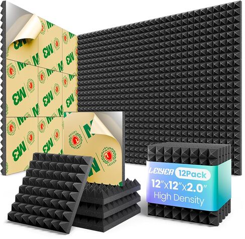 Acoustic Panels 12 pack Pyramid Self-Adhesive Upgrade,2"X12"X12" Sound Proof Foam Panels for Walls Quickly-Expand,Acoustic Wall Panels High Density Sound Absorbing for Gaming&Studio Decor,Black in Kuwait