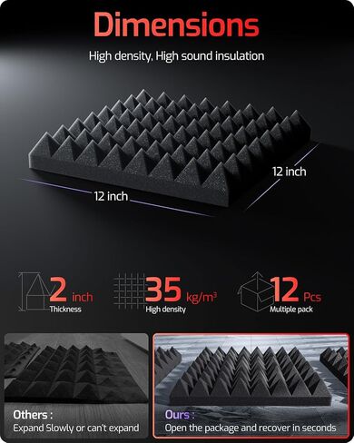 Acoustic Panels 12 pack Pyramid Self-Adhesive Upgrade,2"X12"X12" Sound Proof Foam Panels for Walls Quickly-Expand,Acoustic Wall Panels High Density Sound Absorbing for Gaming&Studio Decor,Black in Saudi Arabia