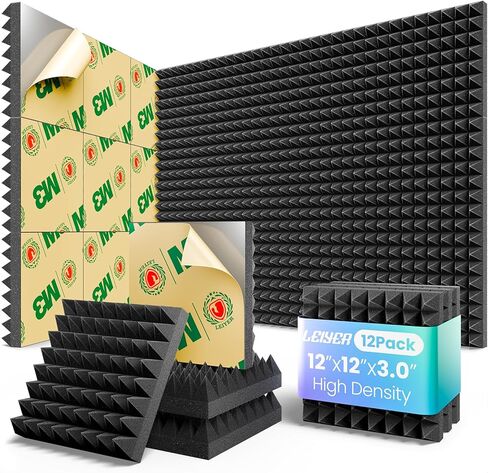 Acoustic Panels 12 pack Pyramid Self-Adhesive Upgrade,2"X12"X12" Sound Proof Foam Panels for Walls Quickly-Expand,Acoustic Wall Panels High Density Sound Absorbing for Gaming&Studio Decor,Black in Saudi Arabia