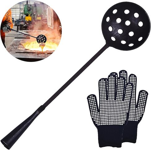 مقشدة صب مع قفازات مضادة للانزلاق - مغرفة مقشدة فولاذية مقاس 3.9 بوصة بمقبض مقاس 16.5 بوصة للزنك والسبائك المعدنية، أداة قشط معدنية منصهرة للمسبك والصب in Kuwait