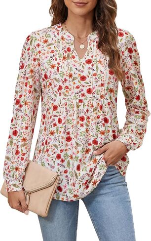 Rooscier Women's Long Sleeve Notch V Neck Pleated Loose Flowy Tunic Top Fall Shirt in Kuwait