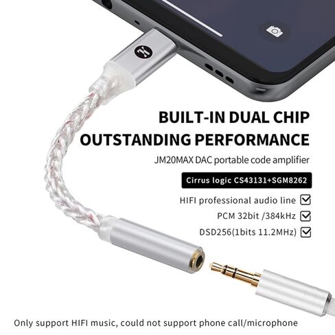 JCALLY JM20MAX USB-C to 3.5mm Audio Adapter Upgraded 195mW Dongle DAC for Headphone Dual Chips with CS43131 + SGM8262, DSD256, 32bit/384kHz, Type C Cable Wire Amplifier for iPhone, Android & More in Kuwait