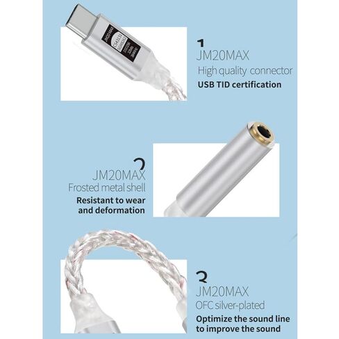 JCALLY JM20MAX USB-C to 3.5mm Audio Adapter Upgraded 195mW Dongle DAC for Headphone Dual Chips with CS43131 + SGM8262, DSD256, 32bit/384kHz, Type C Cable Wire Amplifier for iPhone, Android & More in Kuwait