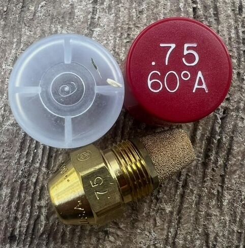 Oil Burner Nozzle, .75 60 A, Hollow Spray Red Cap .75 60A Oil Nozzle .75 Gallons per minute with a hollow 60 degree Spray in Saudi Arabia