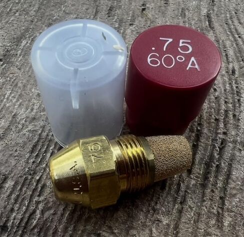 Oil Burner Nozzle, .75 60 A, Hollow Spray Red Cap .75 60A Oil Nozzle .75 Gallons per minute with a hollow 60 degree Spray in Saudi Arabia