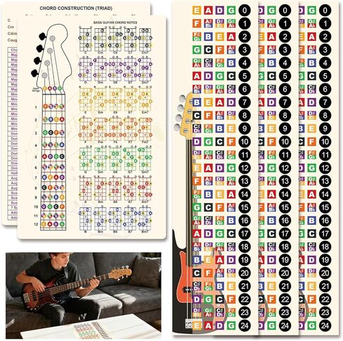 مجموعة تعلم الجهير: 3 ملصقات فريتس وقطعة واحدة 30 سم × 20 سم × 1 مم بطاقة فاصلة من مادة PVC - التدريب المنزلي والدرس الذي يجب اقتناؤه لعازفي الجيتار والهوايات المبتدئين in Kuwait