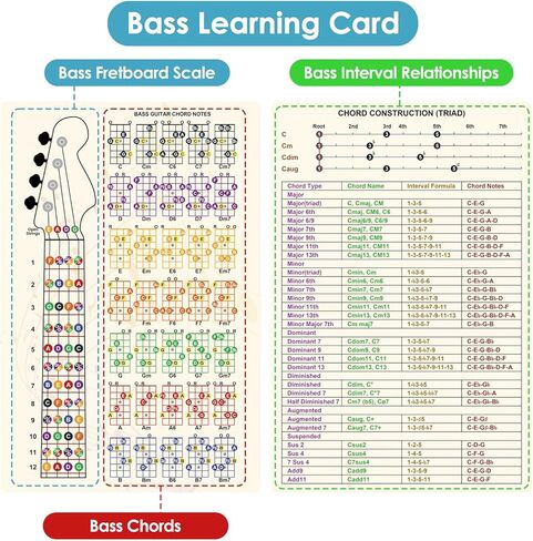 مجموعة تعلم الجهير: 3 ملصقات فريتس وقطعة واحدة 30 سم × 20 سم × 1 مم بطاقة فاصلة من مادة PVC - التدريب المنزلي والدرس الذي يجب اقتناؤه لعازفي الجيتار والهوايات المبتدئين in Kuwait