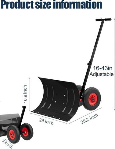 دافعة الثلج المتدحرجة من ELEFOCUS، مجرفة ثلج شديدة التحمل مع مقبض ارتفاع قابل للتعديل وشفرة اتجاهية للممرات (75 × 43 سم / 29 × 17 بوصة) in Kuwait