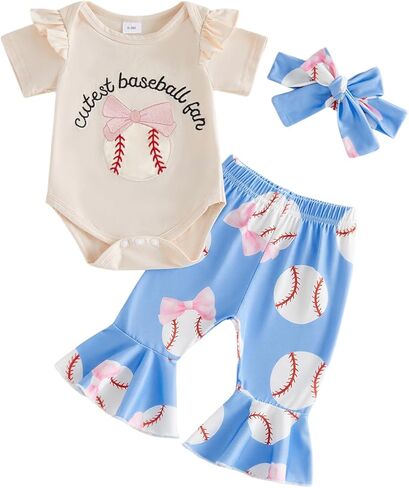 Baby Girl Baseball Outfit Short Sleeve Cutest Baseball Fan Romper Flare Pants Headband Infant Summer Game Day Clothes in Saudi Arabia