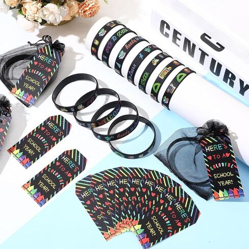 Kenning 72 Pcs 24 Set Welcome Back to School Rubber Bracelets Gift Set First Day of School Party Supplies Organza Bags and Gift Label Tags Classroom Prizes Gifts Goodie Bag Fillers(Black Color) in Saudi Arabia