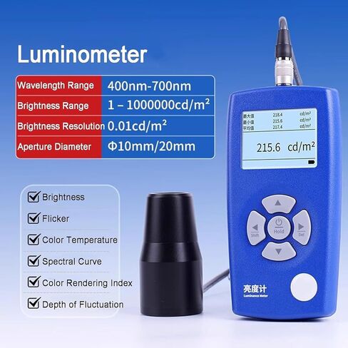 Digital Luminance Meter, Light Meter Brightness Tester with 10/20mm Probes, 1-1000000cd M2, Wavelength Range 400nm-700nm, for HDR Screens Projectors Flicker CRI Spectrum Analysis (10mm) in Saudi Arabia