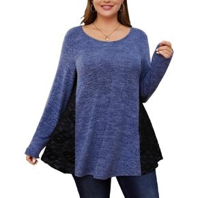 MONNURO Womens Plus Size Tops Long Sleeve Fall Tunic Casual Loose Lace Patchwork Shirts(C-HeatherBlack,1X) in Kuwait