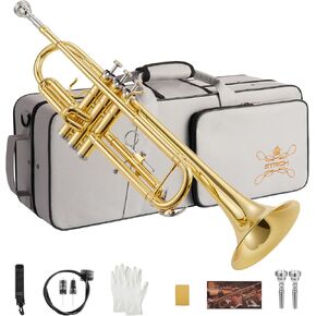 مجموعة بوق قياسية Bb للمبتدئين، أداة بوق نحاسية للطلاب مع حقيبة صلبة، مجموعة تنظيف، قطع فم 7C و3C، وقفازات - STR-1G، ذهبي in Kuwait