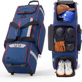 Fanwoli Rolling Baseball Bag with Wheels, Large Softball Catchers Gear Bags for 4 Bats (Fits Up To 32"), Separate Shoe Compartment, Safety Reflective Strip, Fence Hook, Portable Bag for Youth & Adult in Kuwait