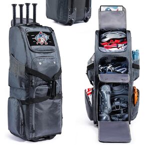 Rolling Baseball Bat Bag with Wheels, Large Capacity Gear Bag Holds 4 Bats, Reinforced Hard Base & Structured Back Panel, Top & Bottom Grab Handles, Shoe & Helmet Compartments for Youth &Adult Players in Kuwait
