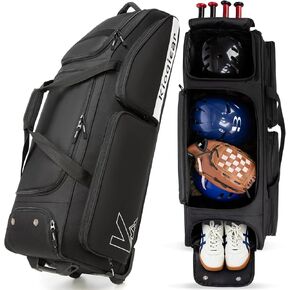 حقيبة معدات كاتشرز بعجلات لـ 4 مضارب، حقيبة البيسبول الدوارة مع جيوب متعددة، خطاف سياج، تحمل جميع معدات البيسبول. in Kuwait