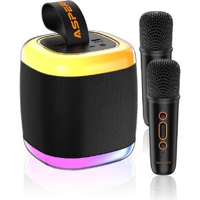 Mini Karaoke Speaker with 2 Wireless Microphones,Voice Effects,Led Lights, Portable Singing Machine for Ages 3,4,5,6,7,8,9,10,11,12+ Years Old Girl Birthday Gift, Kids Karaoke Machine (Black) in Kuwait